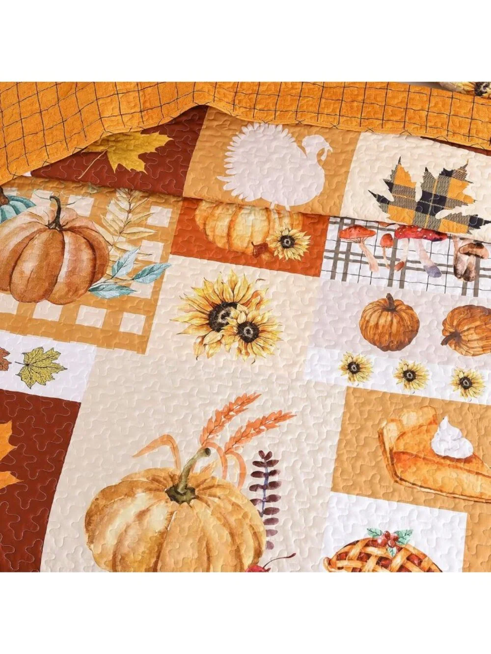 Cozy Fall Thanksgiving Queen Quilt - Pumpkin & Maple Leaves Bedspread Decor